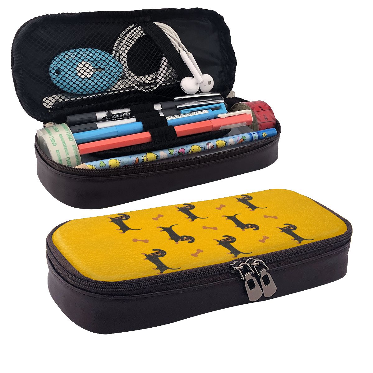 Tan Stationery & Office Supply - Schwarzes und braunes Dackel-Würstchen-Hund-Federmäppchen aus Leder,