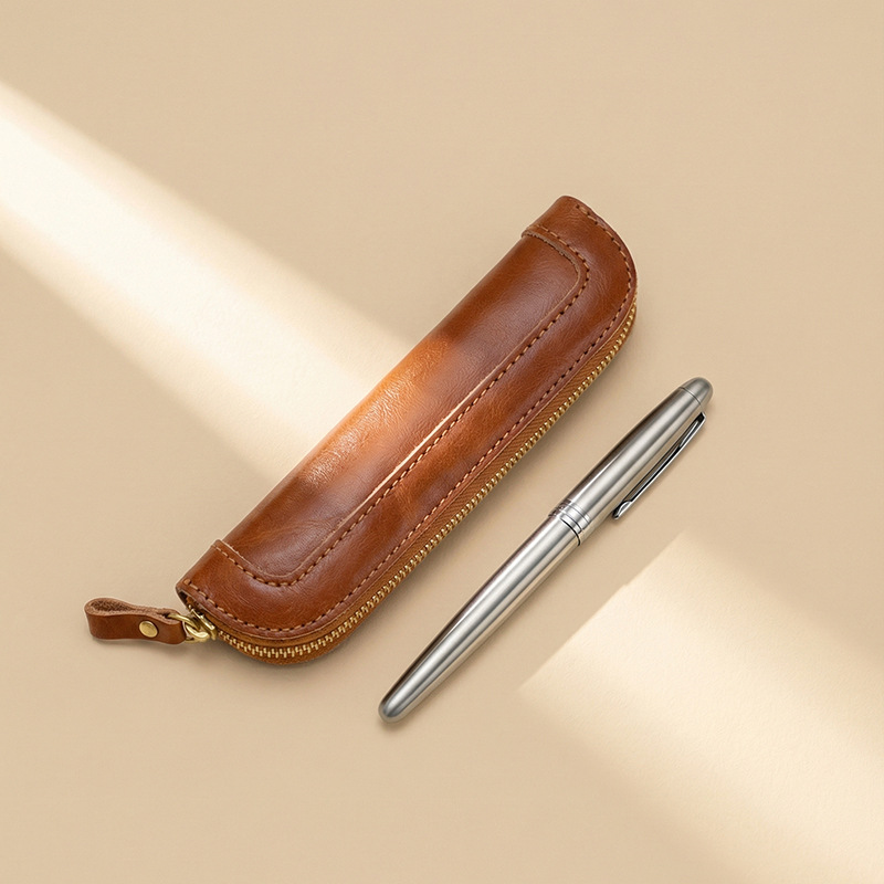 Tan Stationery & Office Supply - Vintage-Stiftetui aus pflanzlich gegerbtem Leder, Mini-Reißverschluss-Stifttasche,