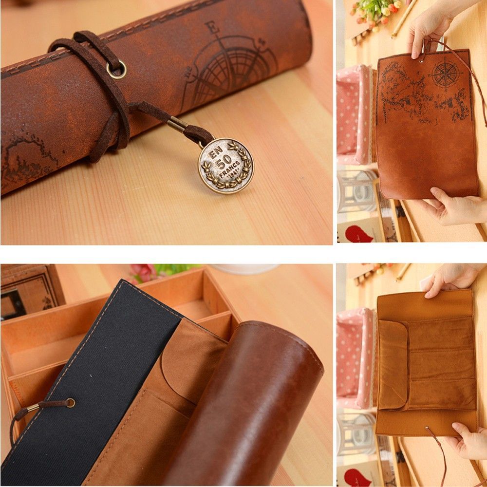 Pen Pouch Roll - Einzigartige Retro-Luxus-Schatzkarten-Rolltasche, Geldbörse, Beutel, Leder-Kosmetiktasche, PU-Tasche,