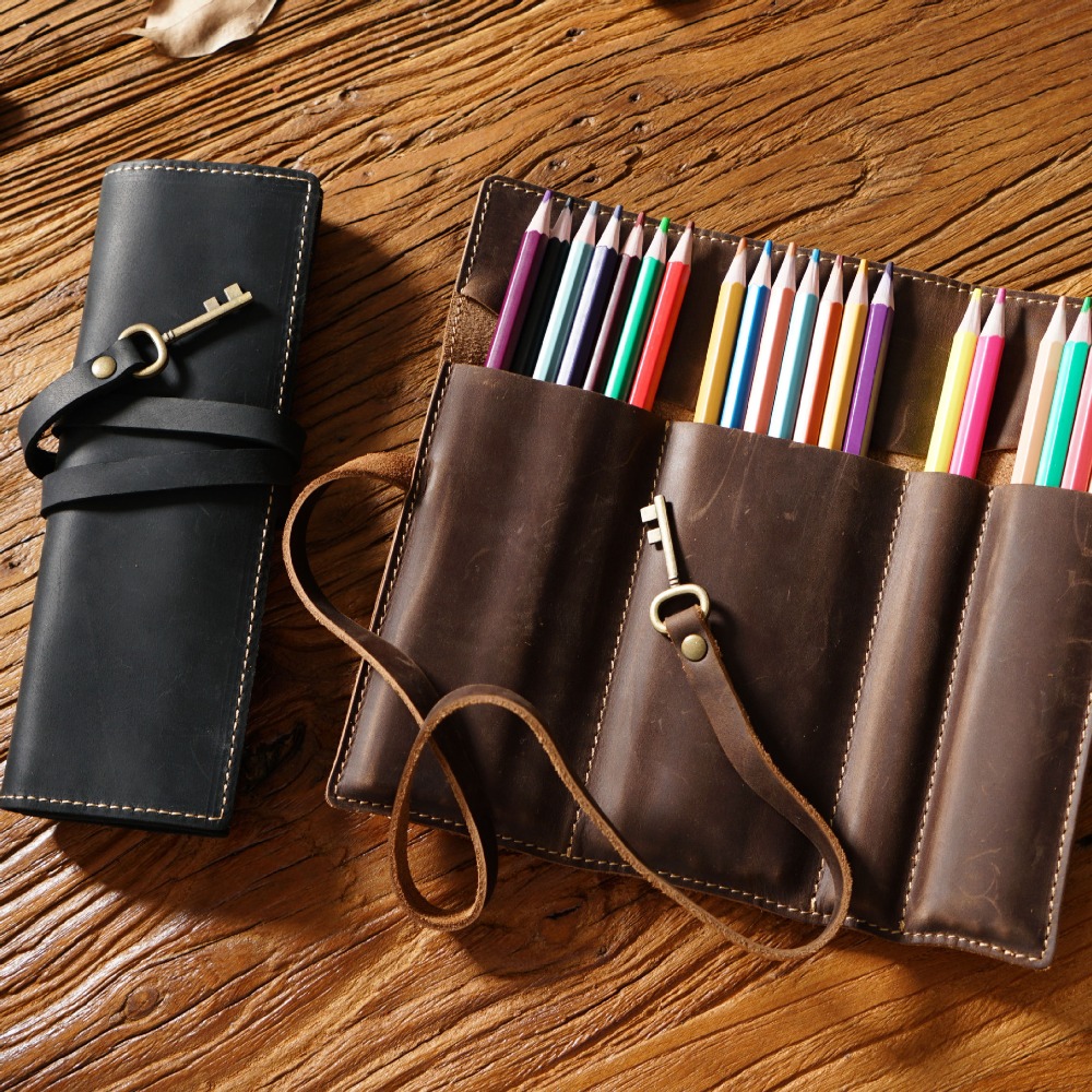 Pen Pouch Roll - Retro echtes Leder handgemachte Stiftrolle Federmäppchen